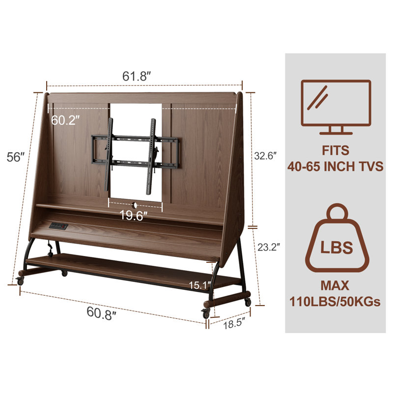 Solid Wood Rolling TV Stand with US Power Outlet for 40–65 Inch TVs, 56" H x 61.8" L x 18.5" D