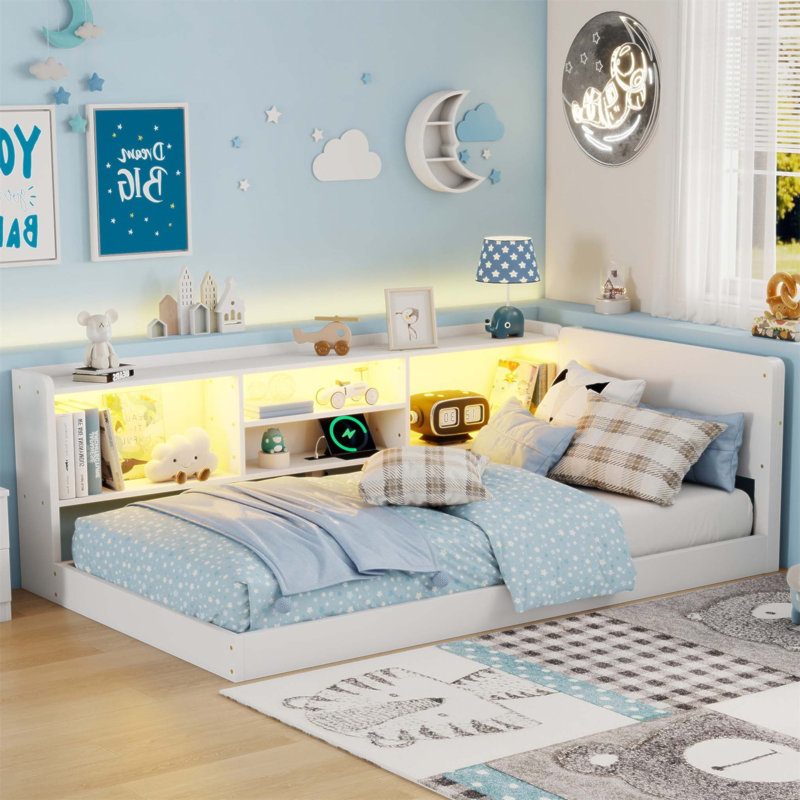 Base de lit en forme de L pour enfants, lit d'angle avec rangement latéral Montessori, station de charge et lumière DEL (sans matelas)