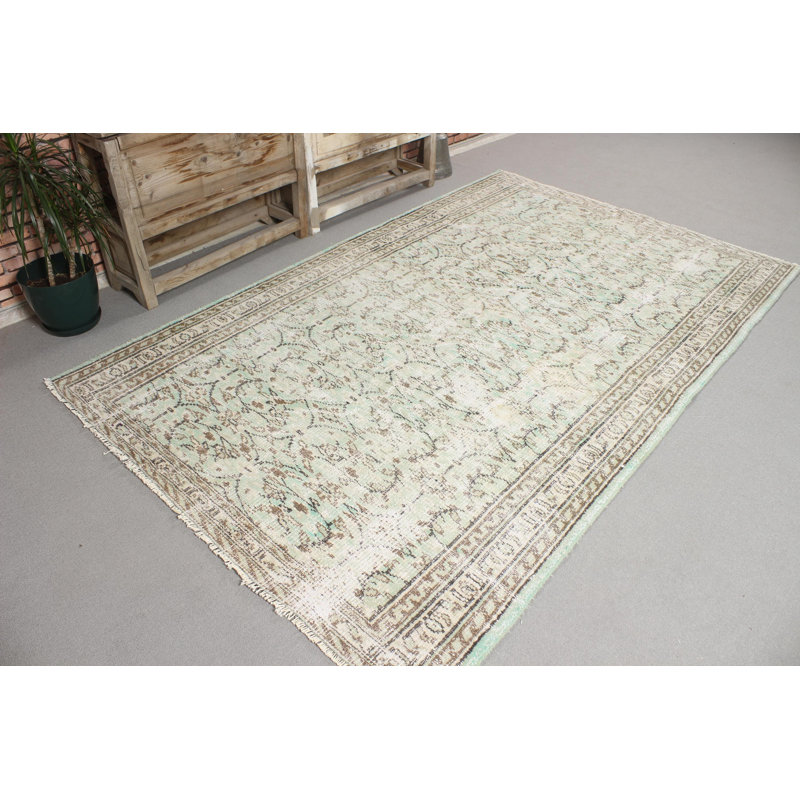 Authentique tapis turc Oushak rétro idéal pour la salle à manger de style bohémien et vert vif