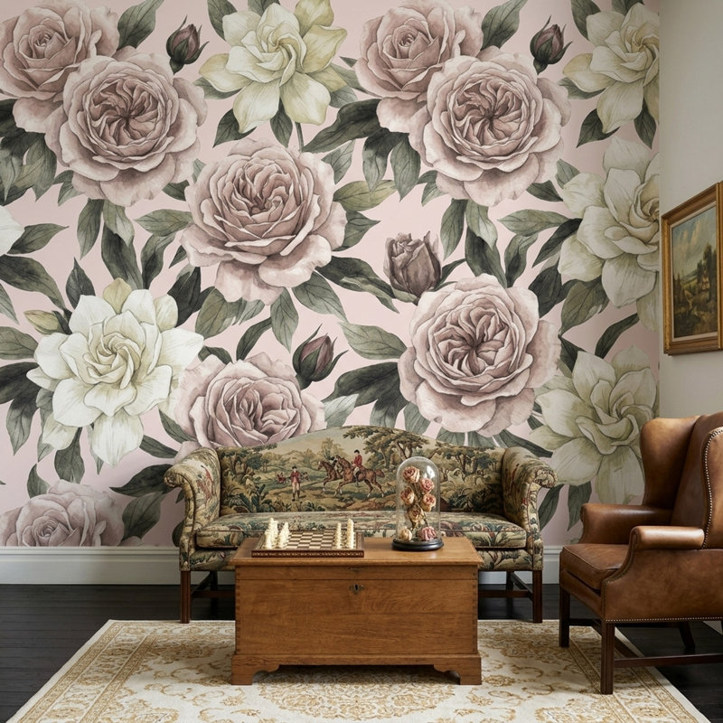 Papier peint à motif floral beige, L 75,96 po x l 114 po
