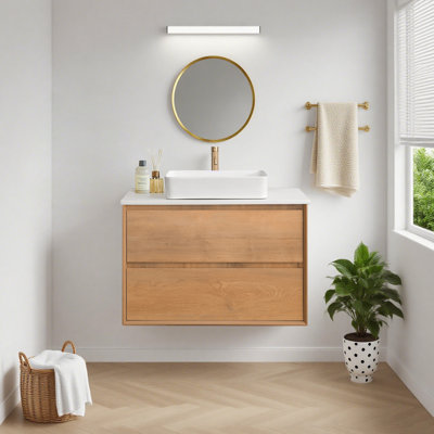 36" Wall Mounted Single Sink Bathroom Vanity With White Quartz Top