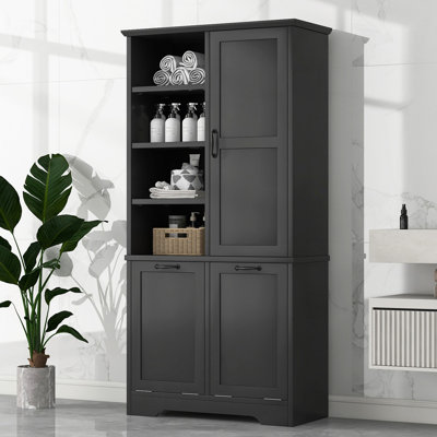 Armoire de rangement de salle de bain avec portes et tiroirs, panier à linge inclinable, plusieurs espaces de rangement