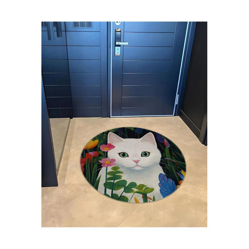 Modern Decorative Carpet With Flower Detailed White Cat Pattern, Round 4'