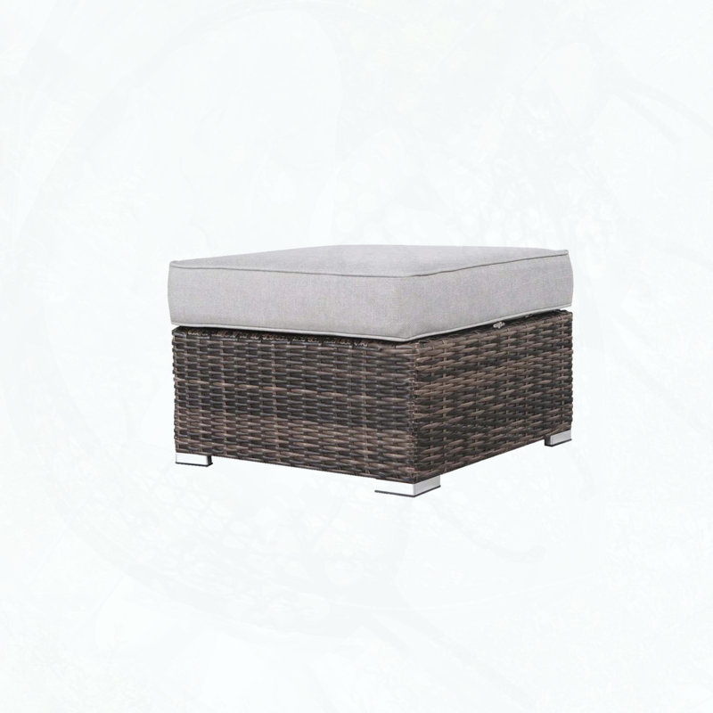 Fully Assembled Outdoor Ottoman with Weather-Resistant Wicker and Gray Cushion, Gray Cushion/Brown Frame