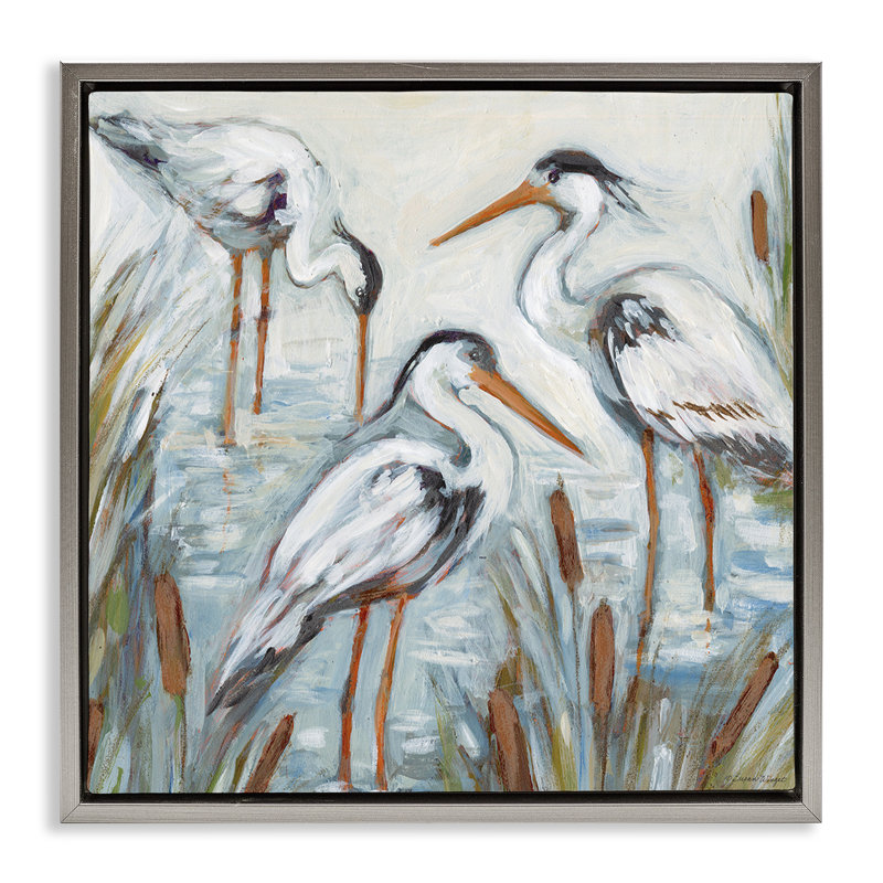 «Three Herons In Water Floater», art mural par Susan Winget, H 25 po x l 25 po, Cadre flottant gris lustré