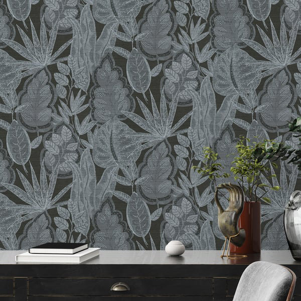 Galerie Flourish Blue Tree Leaf Wallpaper FL61114, Silver
