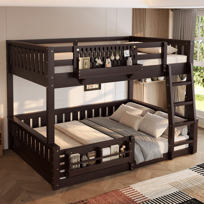 Full XL Over Queen/ Full  Over Queen Bunk Bed With Ladder And Guardrails, Pegboard And Bookshelf,Espresso, Espresso