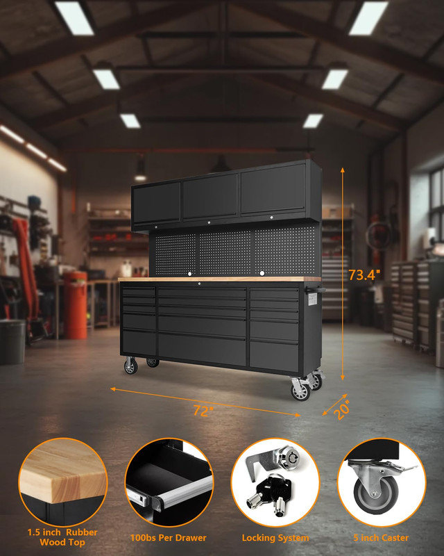 Armoire à outils 72 pouces avec 15 tiroirs, panneau perforé et armoires supérieures pour l'organisation du garage, Noir