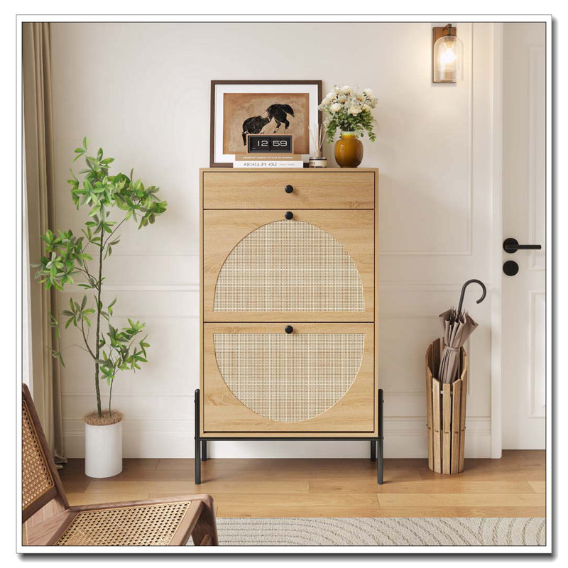 Armoire de rangement à chaussures 2 portes avec façades et tiroir en rotin