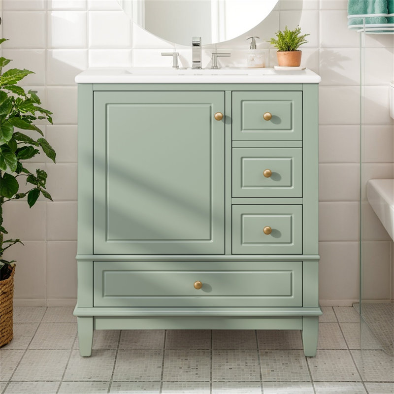 Meuble-lavabo moderne avec lavabo - Conception autoportante compacte, une porte à fermeture douce avec tablette et trois tiroirs