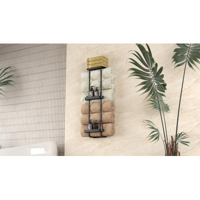 Porte-serviettes de salle de bain mural avec panier de douche et tablette en métal - solution de rangement peu encombrante pour les serviettes et les articles essentiels