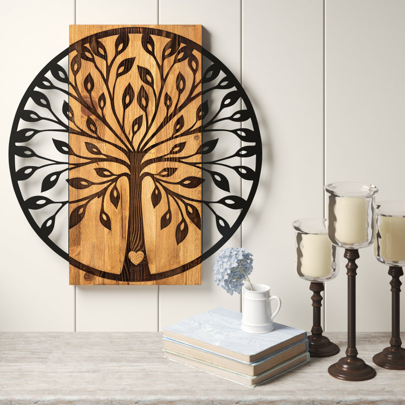 Élégant accessoire mural décoratif en bois, noir et noyer, 22,0 po x 22,8 po | Cadre 100% métal (épaisseur: 0,05 pouce), envers 100% bois (épaisseur: 1,2 pouce) | Parfait pour la décoration intérieure et les espaces modernes