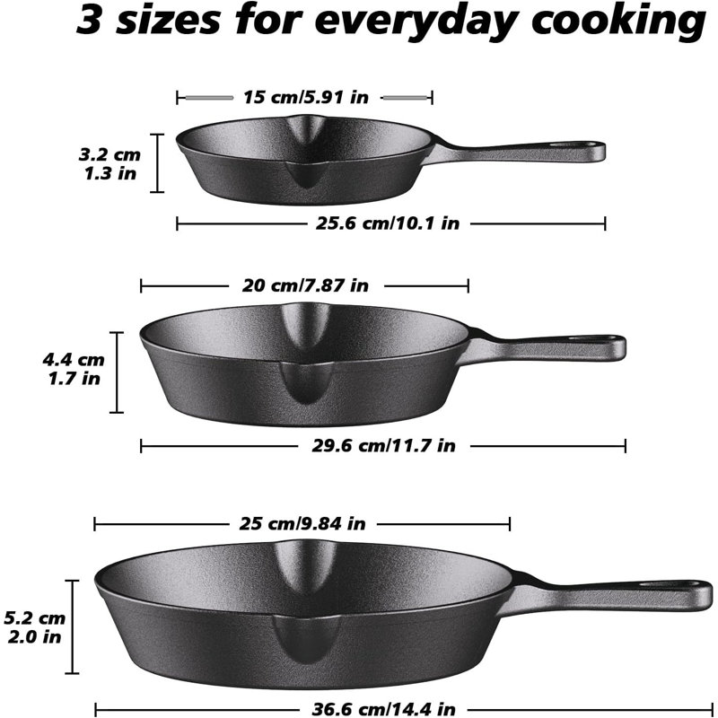RAINBEAN Pre-Seasoned Cast Iron Skillet Set, 3-Piece