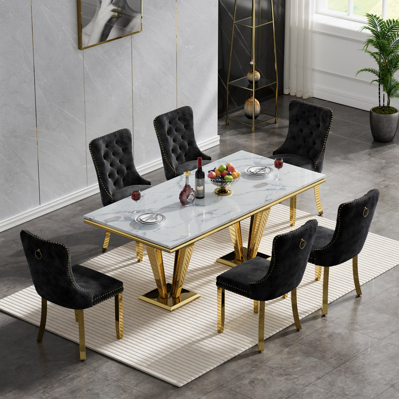 Rectangle Dining Table Set, Faux Marble Dining Table & Velvet Chairs with Stainless Steel Pedestal, 68" Dining Room Table and Chairs Set, Luxury Dining Table Set