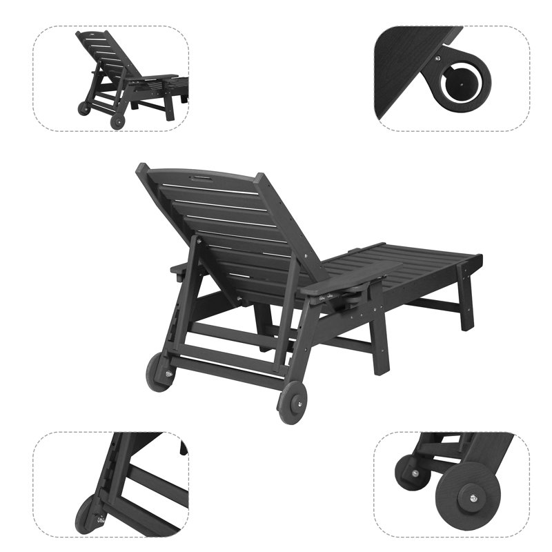 3-Piece Patio Lounge Chair Set With Side Table, Oversized Chaise Lounge With 5-Position Adjustable Backrest, HDPE, Cup Holders, Wheels (2 Chairs + 1 Table)