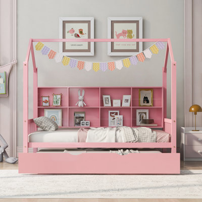 Spahr Noria Wooden Size House Bed with Trundle, Kids Bed with Shelf by Harper Orchard