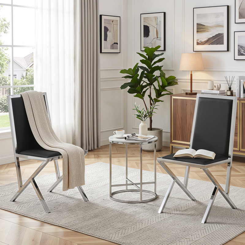 Ensemble de 2 chaises rembourrées en cuir polyuréthane avec structure en métal, 2, Noir, Argent