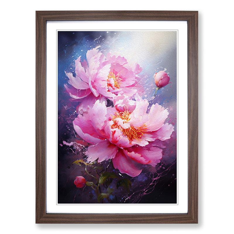 Peony Flower Action Painting - Single Picture Frame Print on Wood, Walnut Framed, 46cm H x 34cm W x 2cm D