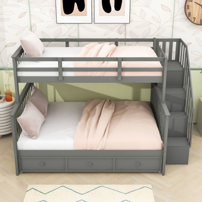 Twin-Over-Full Bunk Bed with Drawer and Staircases