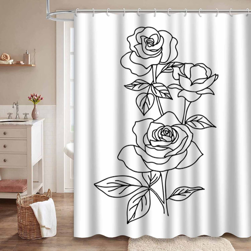 Rideau de douche imperméable à motif floral rétro noir et blanc avec 12 crochets, L 72 po x l 72 po