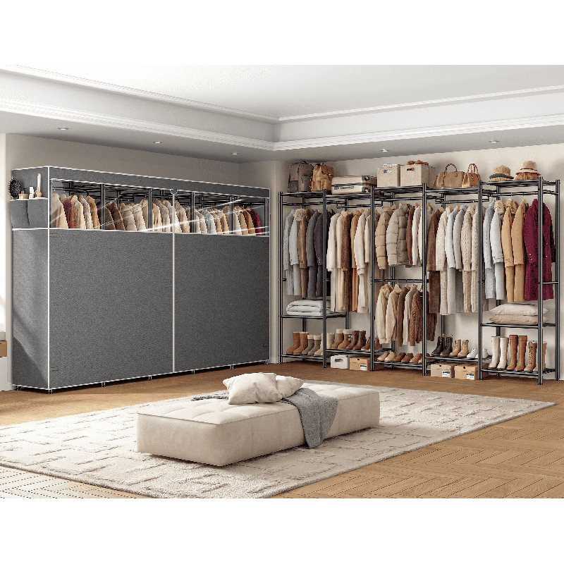 Armoire-penderie 74,8 "x H 90,6" avec housse à fermeture à glissière, support à vêtements avec tringle réglable, tablettes et rangement inférieur