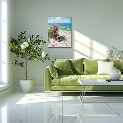 Coastal Cottage Floral Vase with Seashells Beach Canvas Wall Art