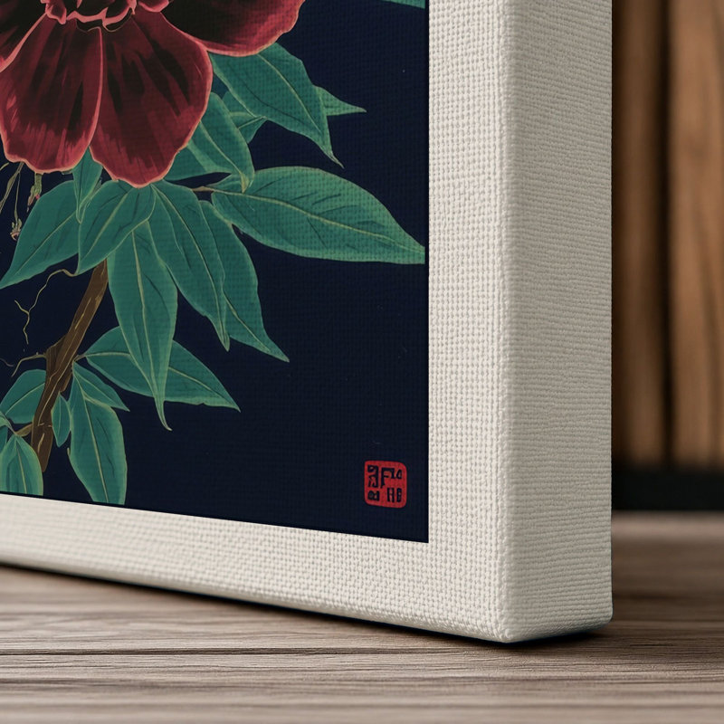 Crimson Peonies in Bloom Botanical - Wrapped Canvas, 36x24 - 91.4 x 61.0 cm, Cream Border