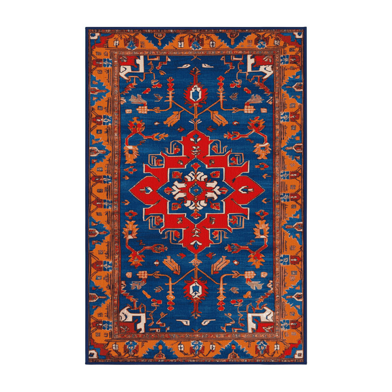 Tapis bleu Tabriz lavable à la machine, Rectangulaire 3 pi x 5 pi