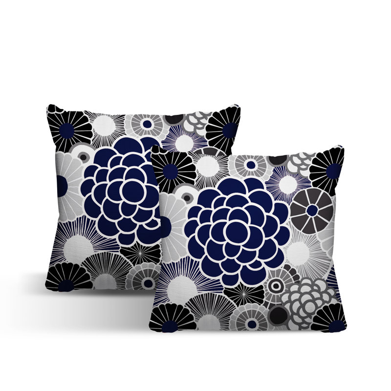 Floral Outdoor Reversible Throw Pillow, 15W" x 15H", Navy Blue