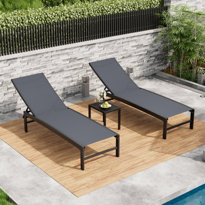 Patio Metal Reclining Chaise Lounge Set With Aluminum Side Table