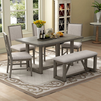 Ensemble de table de salle à manger 6 pièces pour 6, table de cuisine en bois de 60 po et 4 chaises avec banc et base en tréteaux pour la cuisine et la salle à manger