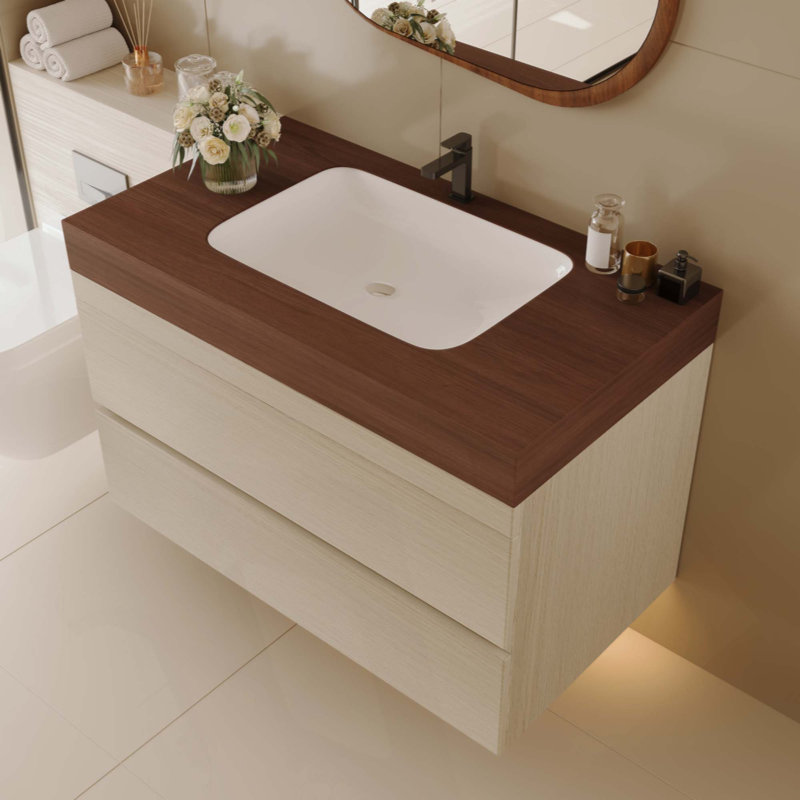 Meuble-lavabo flottant moderne avec plateau en faux marbre et lavabo encastré en céramique, fixation murale pour petites salles de bain et appartements