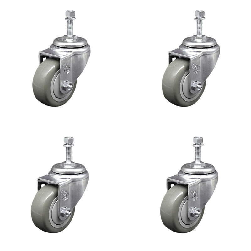 Ensemble de roulettes à tige filetée en polyuréthane pivotant 10 mm 3 pouces SCC, Gris