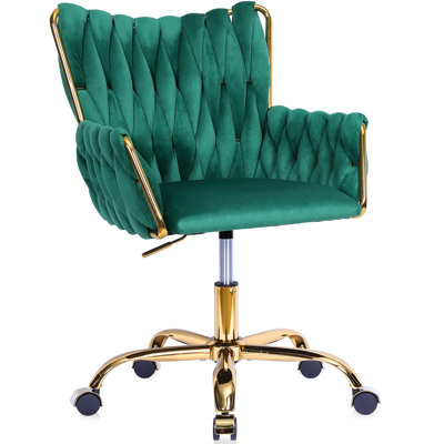 Velvet Modern Home Office Vanity Chair, 360° Swivel Adjustable Height Makeup Desk Chair With Golden Base And Hand Woven Backrest For Bedroom/vanity