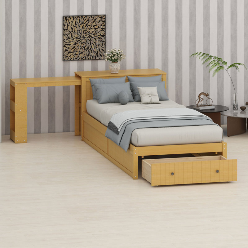 Lit plateforme avec bureau intégré et rangement pour les chambres modernes, Natural