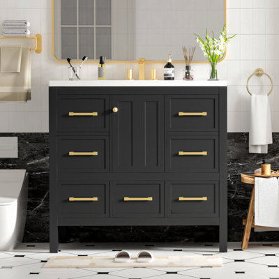Ensemble de meuble-lavabo de salle de bain avec lavabo en résine, ensemble de meuble-lavabo autoportant avec cadre en bois massif