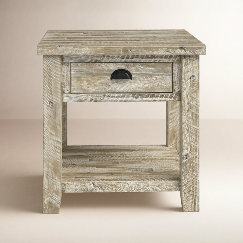 Castile Solid Wood End Table with Storage, Washed Gray