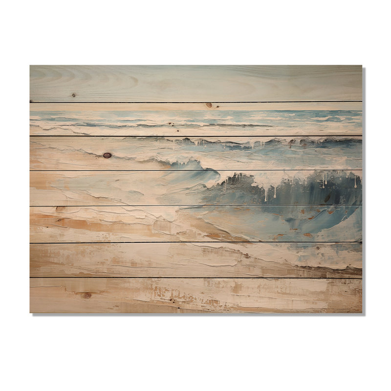 Golden and Blue Beach Tranquility I - Coastal Beach, art mural sur bois de pin naturel, H 24 po x l 32 po