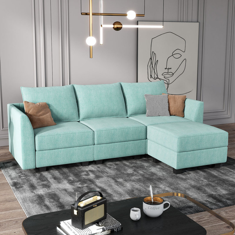 Canapé modulaire en L avec rangement Manusite, Bleu 100% polyester