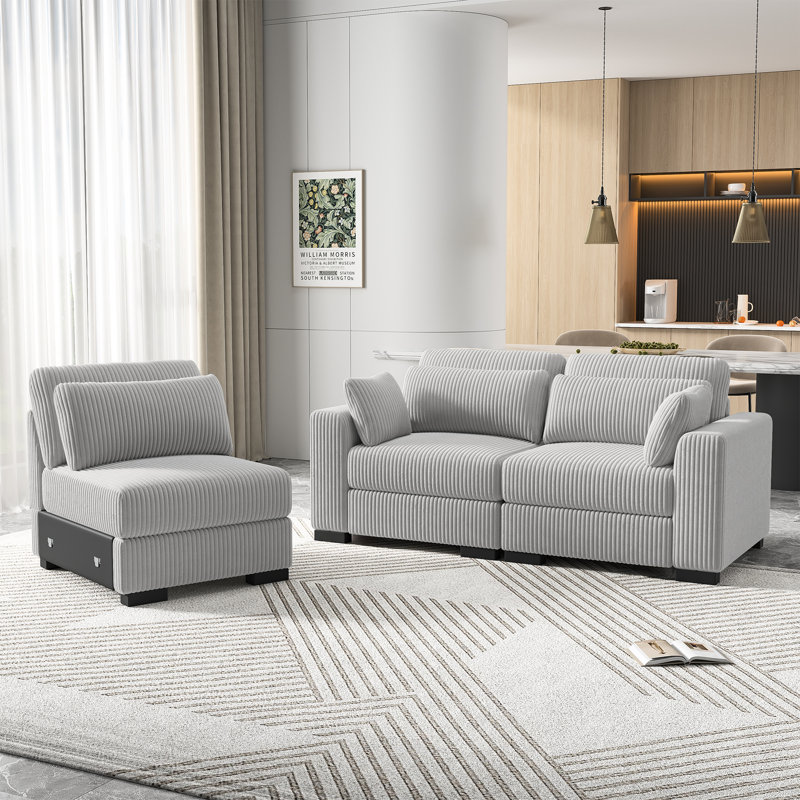 Upholstery Sofa With Lumbar Pillows, Corduroy Sofa Collection, Gray, 3