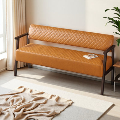 Banc d'attente de 148 cm (58,27 po) en similicuir PU matelassé à motif losanges avec accoudoirs en bois, banc de réception rembourré pour salon de coiffure, hall d'entrée ou bureau, supporte jusqu'à 136 kg (300 lb)