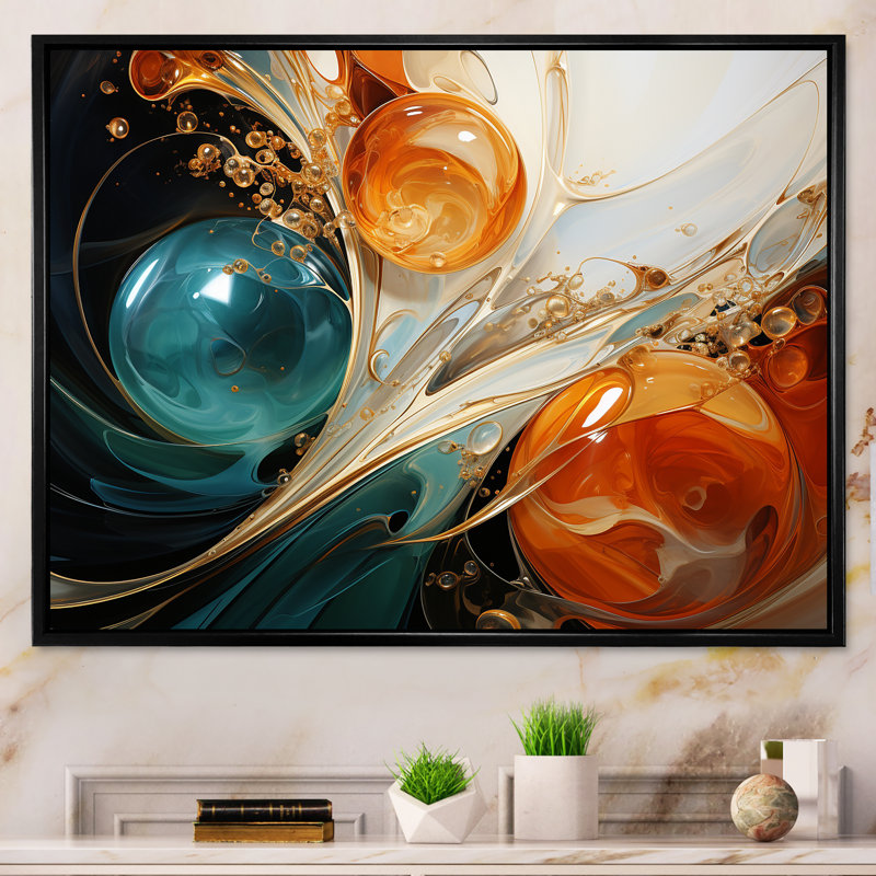 Tempête blanche blanche, bleue et orange - Peinture abstraite, art mural, H 34 po x l 44 po x P 1,5 po, Cadre flottant noir
