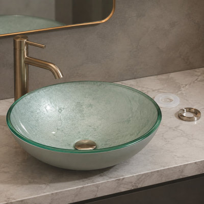 Turquoise Sink, Hemispherical, Tempered Glass Countertop Basin, Cracked Ice Design, Countertop Washbasin, Faucets not included