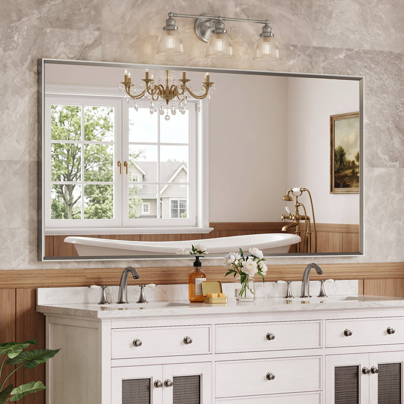 Miroir de salle de bain à bords biseautés, miroir mural en verre trempé avec cadre en aluminium antirouille, pour au-dessus d'un lavabo, dans une chambre ou une entrée.