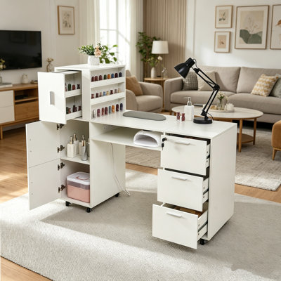 White Manicure Table With Power Outlet & Usb, 3 Drawers, 3 Cabinets, Open Shelves, 8 Rolling Wheels, Salon & Home Nail Art Station