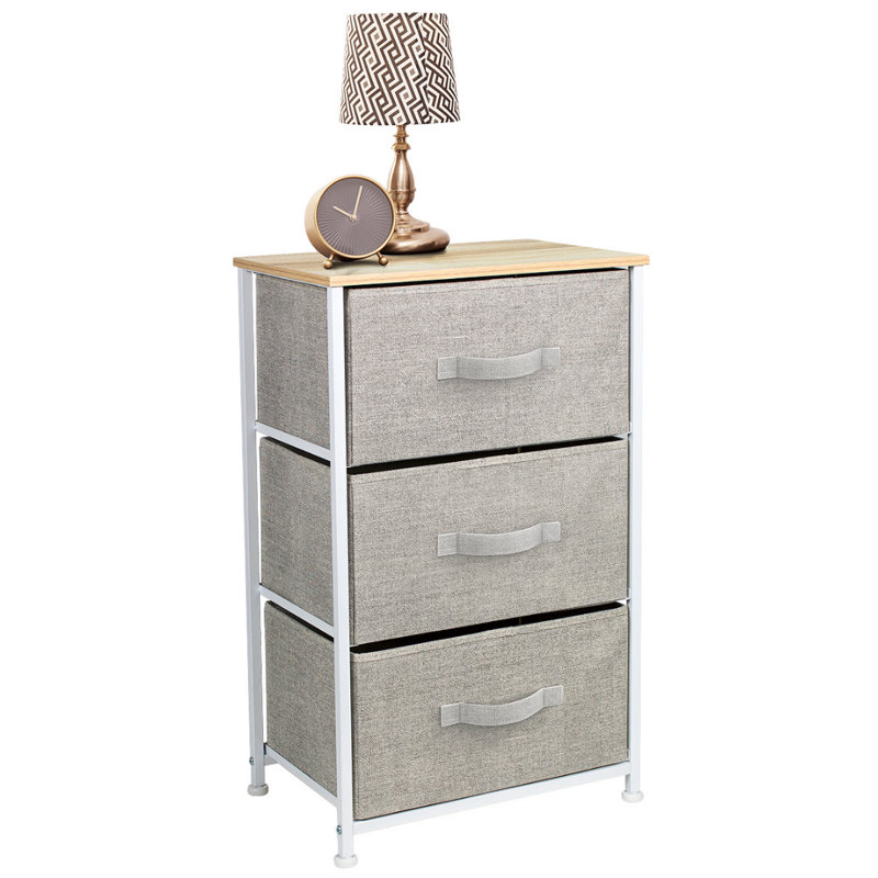 Beige 3-Drawer Steel Frame Nightstand with Fabric Bins