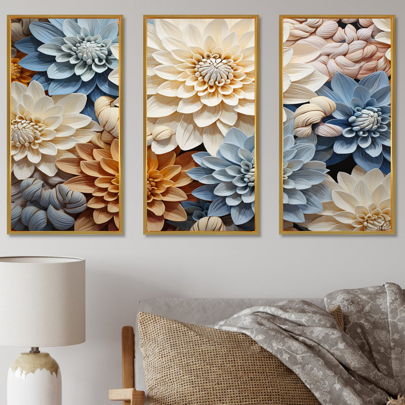 «Simplicity Mums Bloom» en beige et bleu pâle - ensemble d'art sur toile Mums, Cadre flottant doré