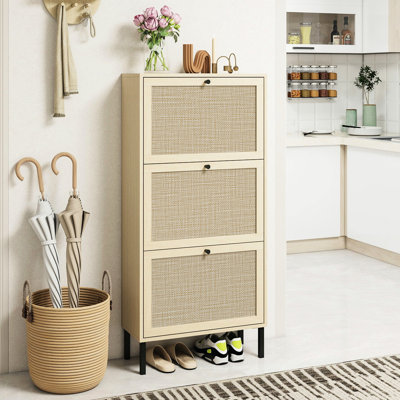 Étagère à chaussures en rotin 3 portes, armoire de rangement pour chaussures moderne autoportante, pour vestibule