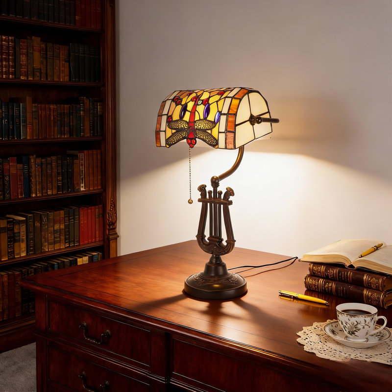 Lampe de table rétro en vitrail avec lumière chaude E26, base bronze