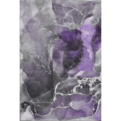 8' X 10' Purple And Charcoal Abstract Washable Area Rug With UV Protection